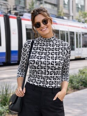 Shein black white, long sleeve stretchy top M